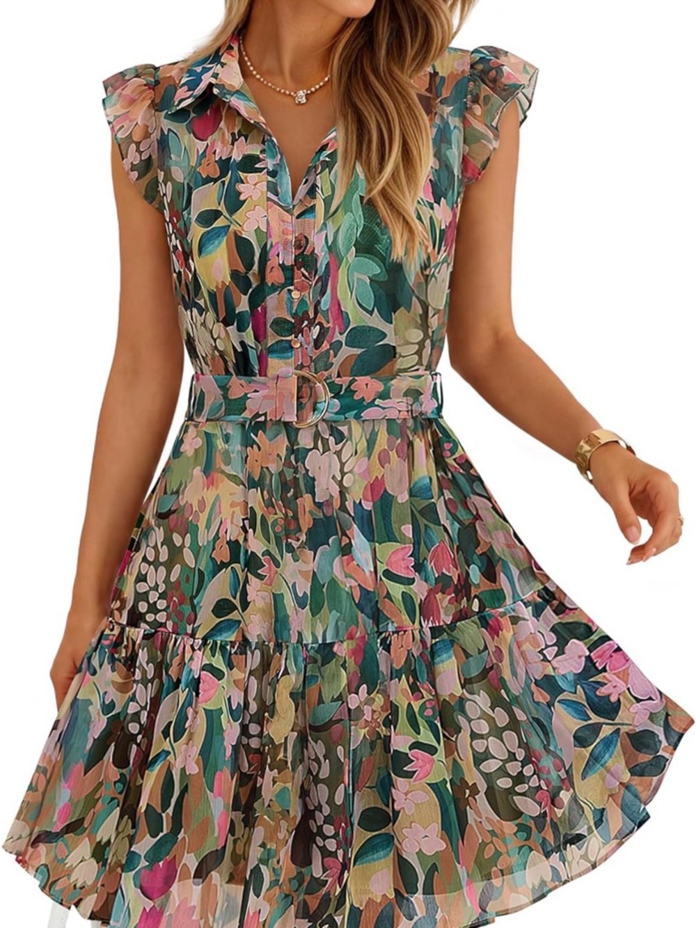 Floral Belted A-Line Dress - Green Multi
